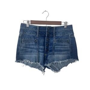 American Eagle Outfitters Dark Blue Distressed High-Waist Button-Fly Jean Shorts